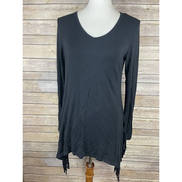 Chelsea Theodore Small Tunic Blouse Fringed Black Asymmetric Solid Long Sleeve - Picture 1 of 11